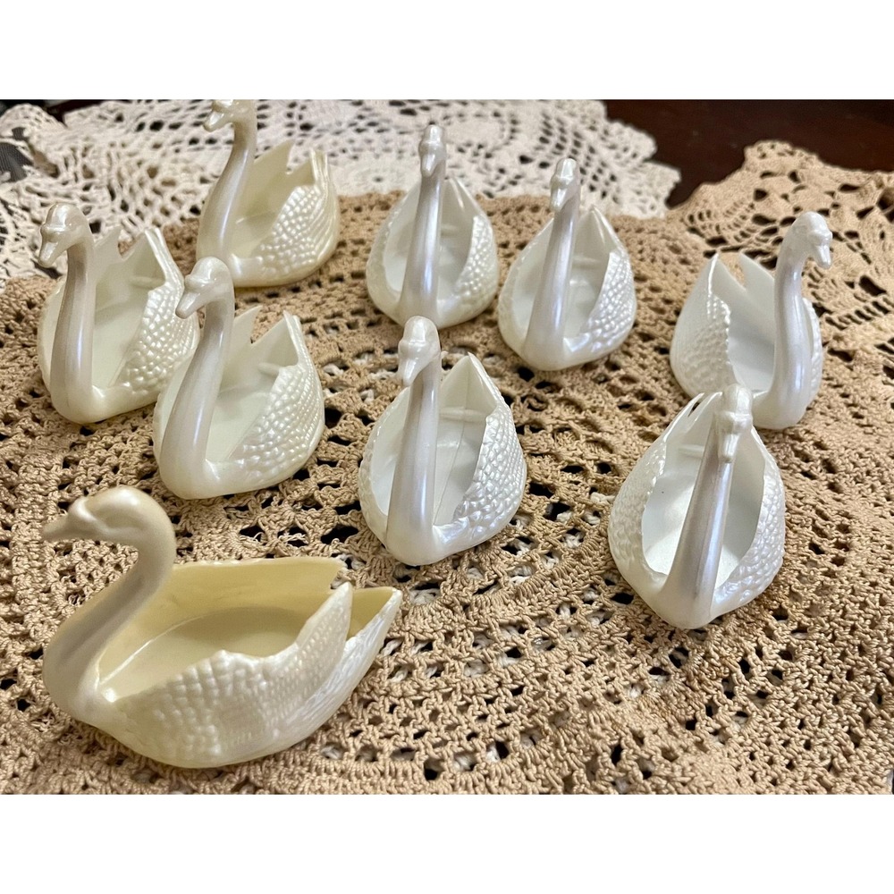 Vintage Plastic Swan Trinket Dishes – Set of 9 Mini Ring Holders Vanity